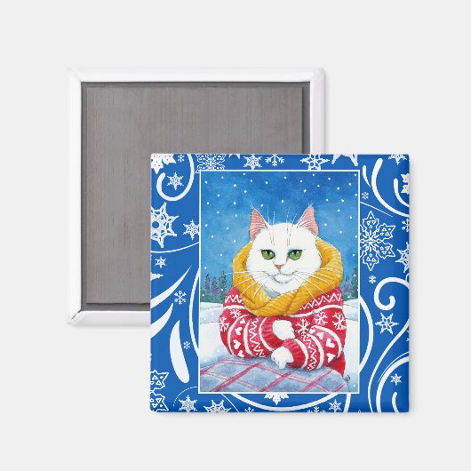 Leuke witte kat, Kerstwinter natuur Magneet (Voorkant / Achterkant)