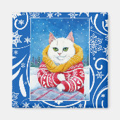 Leuke witte kat, Kerstwinter natuur Magneet (Voorkant)