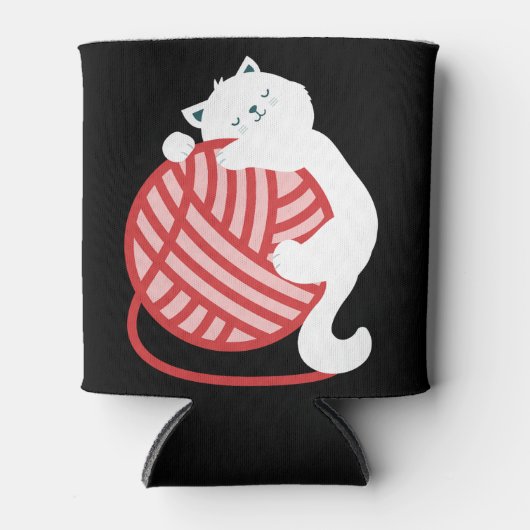 Leuke witte kat met garen bal blikjeskoeler (Voorkant)