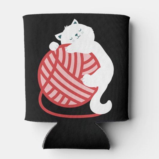Leuke witte kat met garen bal blikjeskoeler (Achterkant)