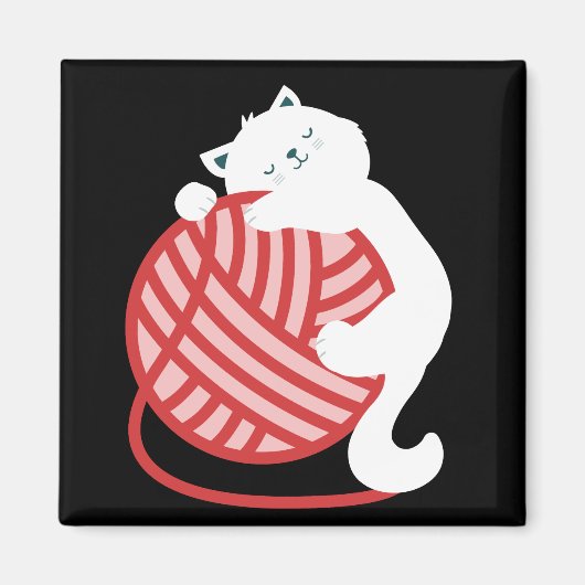Leuke witte kat met garen bal magneet (Voorkant)