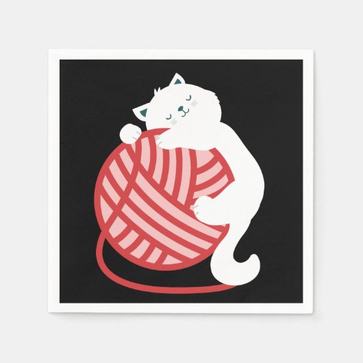 Leuke witte kat met garen bal servet (Voorkant)