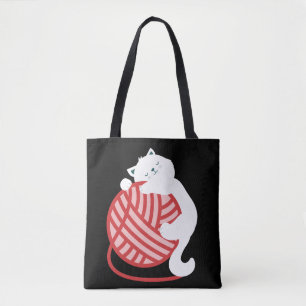 Leuke witte kat met garen bal tote bag
