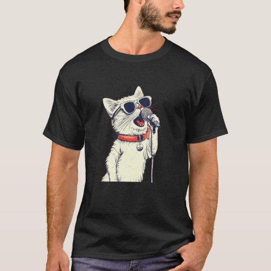 Leuke Witte Kat met Karaokemicrofoon voor Stand-up T-shirt (Voorkant)