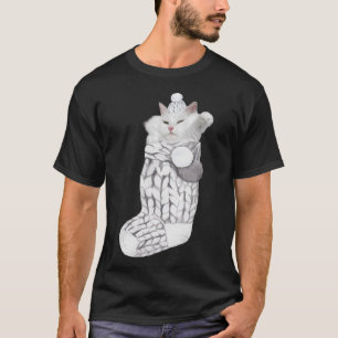 Leuke witte kat pluizig gebreide sok kerst t-shirt