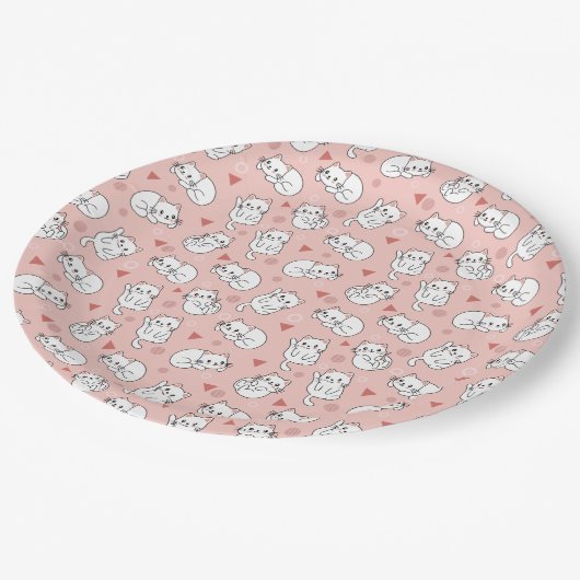Leuke witte kat roze achtergrond thema papieren bordje (Gekanteld)