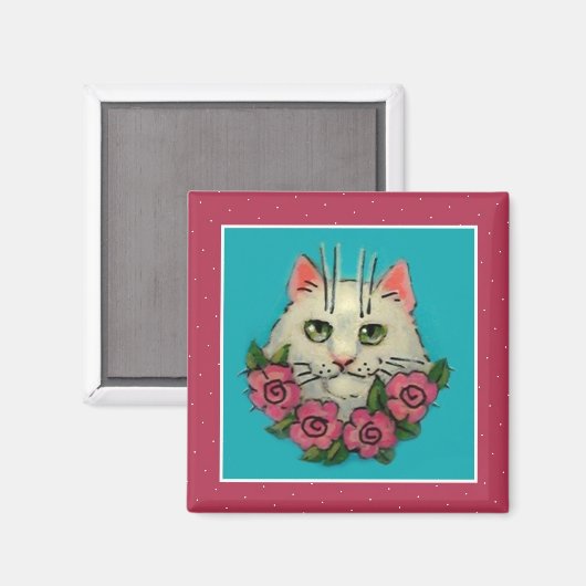 Leuke witte kat, roze rozen magneet (Voorkant / Achterkant)