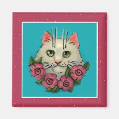 Leuke witte kat, roze rozen magneet (Voorkant)