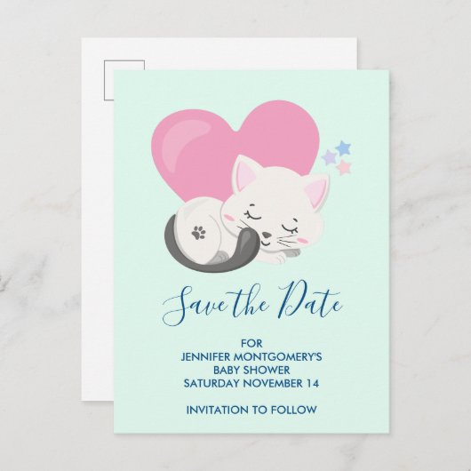 Leuke witte kat slapen Save the Date Uitnodiging Briefkaart (Voorkant / Achterkant)