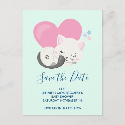 Leuke witte kat slapen Save the Date Uitnodiging Briefkaart (Voorkant)