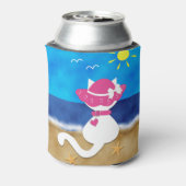 Leuke witte kat strand thema roze Bonnet Koelbox Blikjeskoeler (Blikje Achterkant)