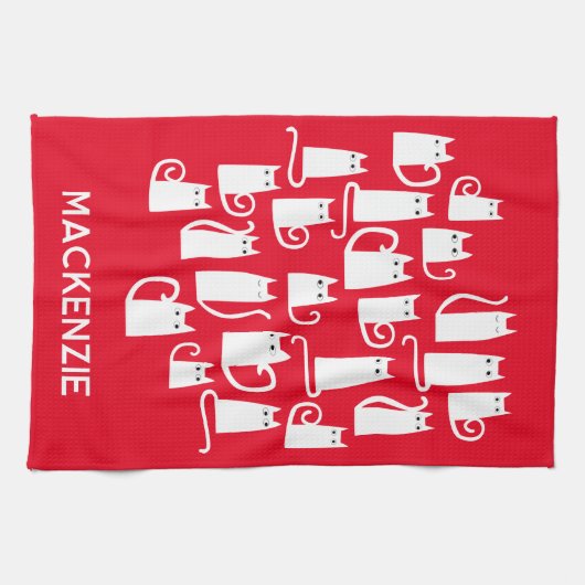 Leuke witte katten gepersonaliseerde naam theedoek (Horizontaal)