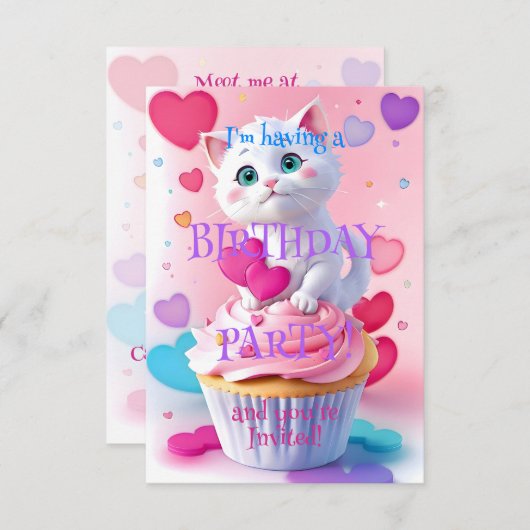 Leuke witte kitten en cupcake meisjesverjaardagsfe kaart (Voorkant / Achterkant)
