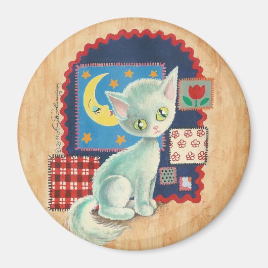 Leuke witte kitten en Quilt Patchwork Art Magneet (Voorkant)