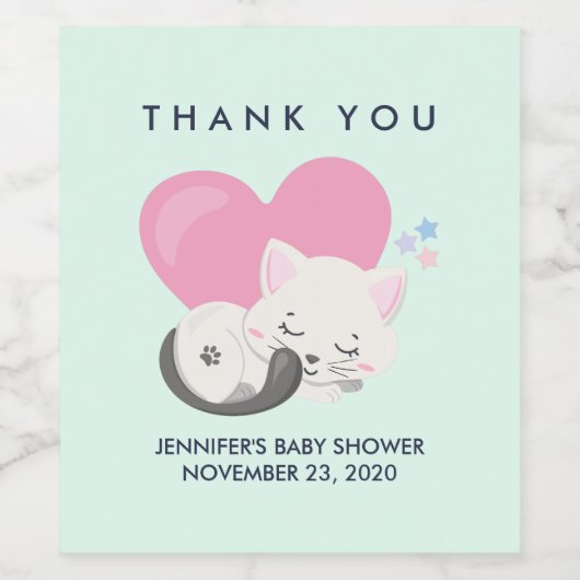Leuke witte kitty kat slapen Baby shower Bedankt Wijn Etiket (Enkel label)
