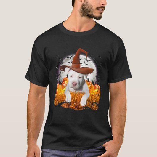 Leuke witte Pit Bull hond heks op Halloween pompoe T-shirt (Voorkant)