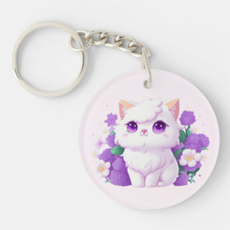 Leuke witte pluizige Perzische Kat met Morning Glo Sleutelhanger
