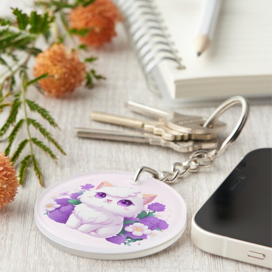 Leuke witte pluizige Perzische Kat met Morning Glo Sleutelhanger (Voorkant Rechts)