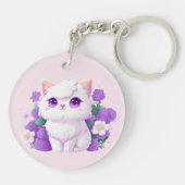 Leuke witte pluizige Perzische Kat met Morning Glo Sleutelhanger (Achterkant)