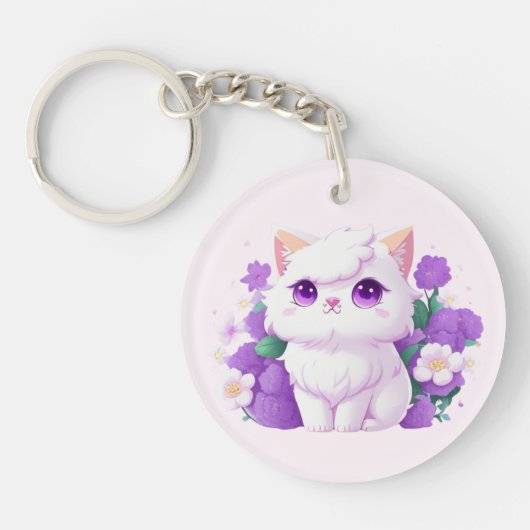 Leuke witte pluizige Perzische Kat met Morning Glo Sleutelhanger (Voorkant)