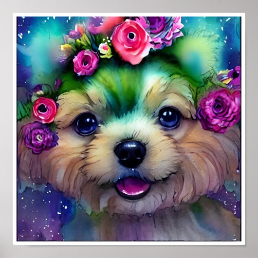 Leuke witte puppy met bloemen in zijn hoofd poster (Voorkant)