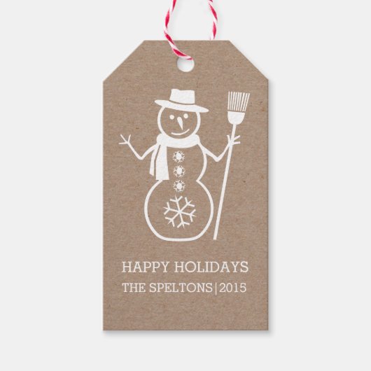 Leuke witte sneeuwman en sneeuwvlok rustieke Kerst Cadeaulabel (Voorkant)