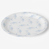 Leuke witte tonijn vis in pastel blauw en wit papieren bordje (Gekanteld)