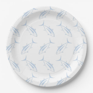 Leuke witte tonijn vis in pastel blauw en wit papieren bordje