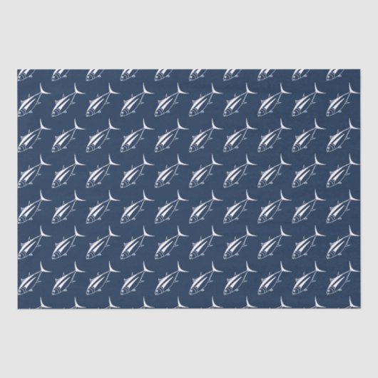 Leuke witte tonijn Vis in Wit op Marine Blue Tissuepapier (Voorkant)