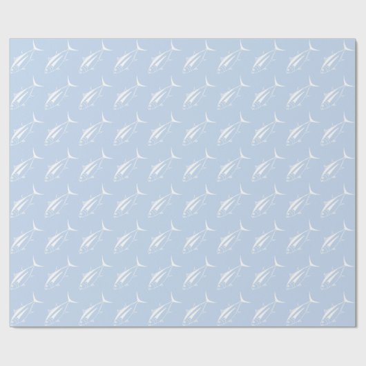 Leuke witte tonijn vis in wit op pastel blauw cadeaupapier (Vlak)