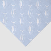 Leuke witte tonijn vis in wit op pastel blauw tissuepapier (Detail)