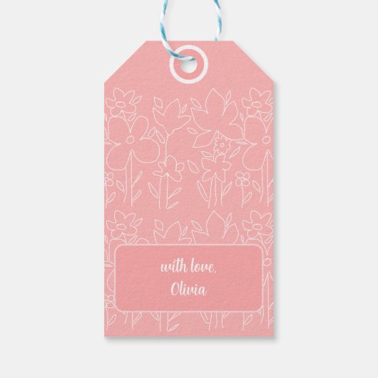 Leuke witte wilde bloemen patroon monogram cadeaulabel (Achterkant)