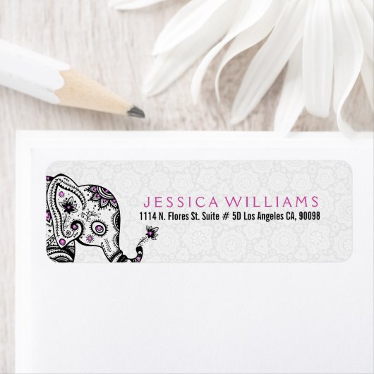 Leuke witte & zwarte bloemenolifant roze accenten etiket (Insitu)