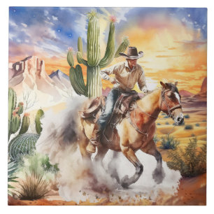 Leuke woestijn cactus paardrijden cowboy tegeltje