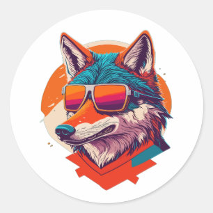 LEUKE WOLF MET ZONNEGLAS. RONDE STICKER