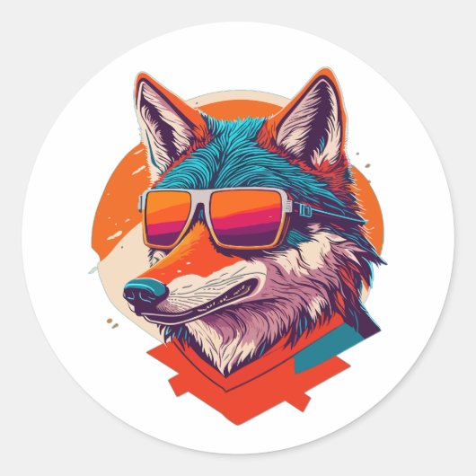 LEUKE WOLF MET ZONNEGLAS. RONDE STICKER (Voorkant)