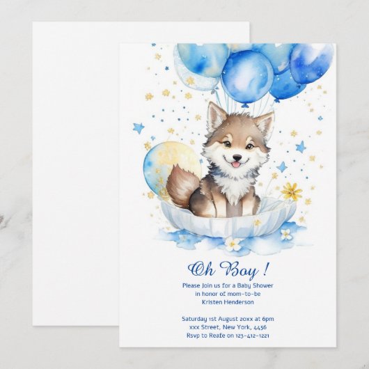 Leuke Wolf Waterverf Jongen Baby shower Uitnodigin Kaart (Voorkant / Achterkant)