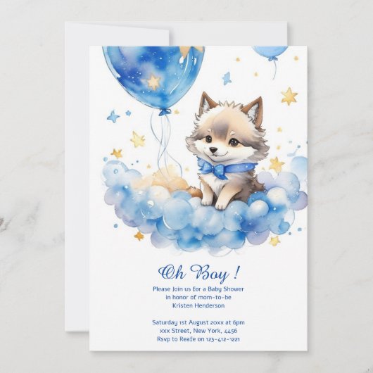 Leuke Wolf Waterverf Jongen Baby shower Uitnodigin Kaart (Voorkant)