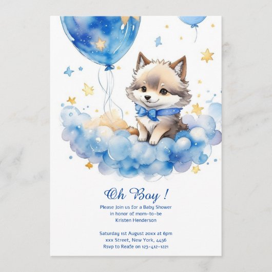 Leuke Wolf Waterverf Jongen Baby shower Uitnodigin Kaart (Voorkant)