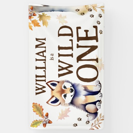 Leuke wolf welp wild een bosrijke verjaardagsfeest spandoek (Verticaal)