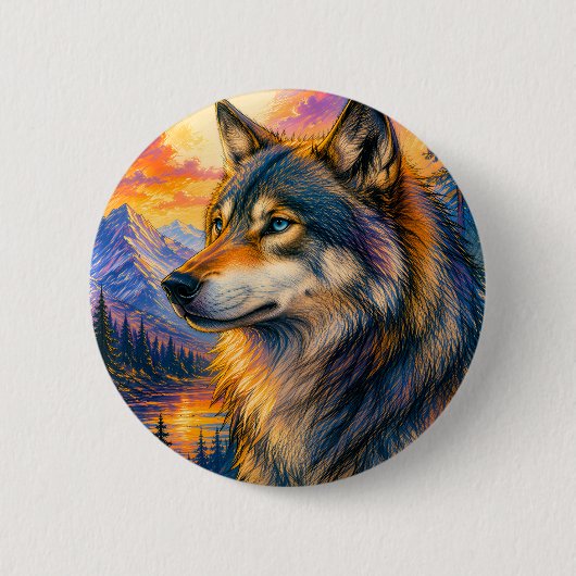 Leuke Wolf Zonsondergang Knop Ronde Button 5,7 Cm (Voorkant)