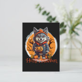 Leuke Wolfie met pompoenen Happy Halloween Vibes Briefkaart (Staand voorkant)