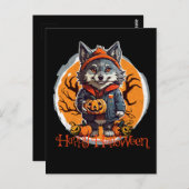 Leuke Wolfie met pompoenen Happy Halloween Vibes Briefkaart (Voorkant / Achterkant)