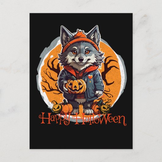 Leuke Wolfie met pompoenen Happy Halloween Vibes Briefkaart (Voorkant)