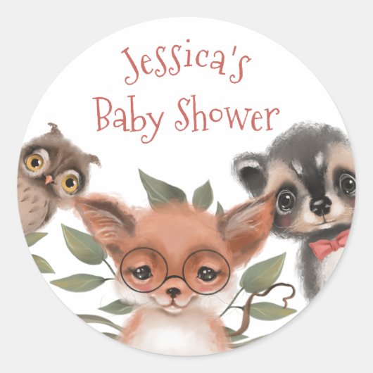 Leuke Woodland Animals Baby shower voor Boy Ronde Sticker (Voorkant)