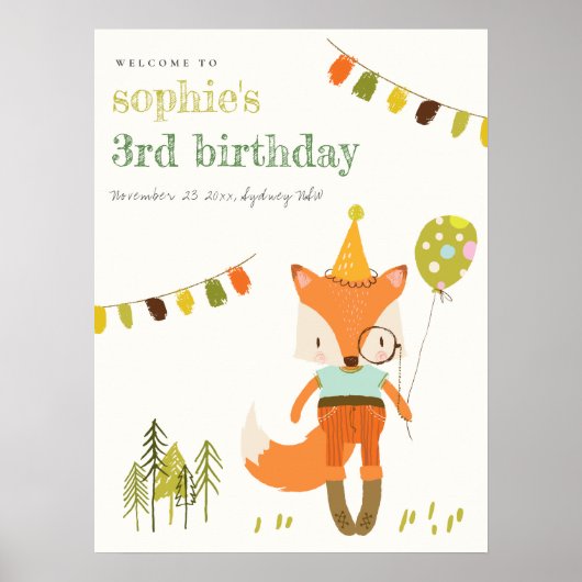 Leuke Woodland Fun Party Fox Kids Verjaardag Welko Poster (Voorkant)