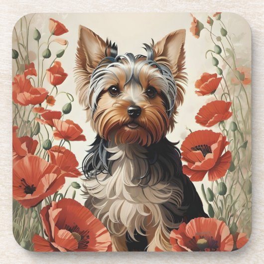 Leuke Yorkshire Terrier Botanische rode papaver Bier Onderzetter (Voorkant)