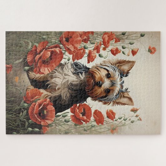 Leuke Yorkshire Terrier Botanische rode papaver Legpuzzel (Horizontaal)