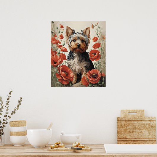 Leuke Yorkshire Terrier Botanische rode papaver Poster (Keuken)