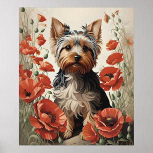 Leuke Yorkshire Terrier Botanische rode papaver Poster